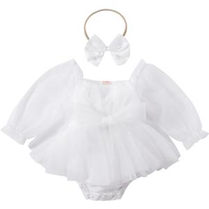 ODASDO Newborn Baby Girl Romper Dress Flower Embroidery Tutu Princess Long Sleeve One-Piece Bodysuit Cake Smash Outfit (6-12 Months, White)