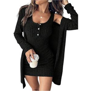 SOLY HUX Women's 2 Piece Sweater Dress Set Knit Long Sleeve Open Front Cardigan and Bodycon Mini Dress Fall Outfit (Large, Black) 
