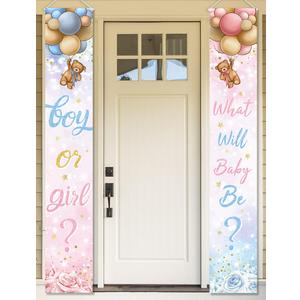 Baby Bear Gender Reveal Decorations - Boy or Girl Porch Sign Banner, Pink Blue Balloon Baby Shower Door Hanging Banner for Party Supplies 
