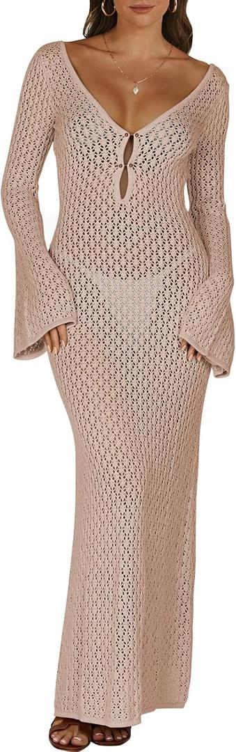 ANRABESS Women Swimsuit Swim Crochet Cover Up Knit Bathing Suit Swimwear 2025 Summer Bodycon Beach Dress Vacation Clothes (Medium, Khaki)