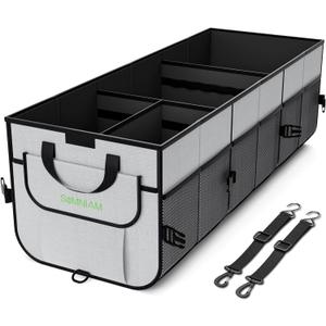 Simniam Car Trunk Organizer with Insulated Grocery Bag- 110L High Capacity Car Storage Box, with 4 Compartments, Reflective Strip, Cover, for Auto, SUV, Truck, Minivan (Grey)