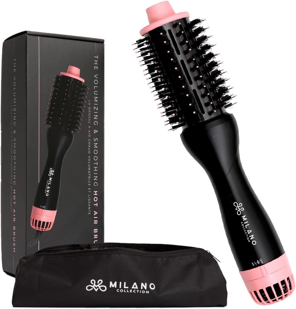 Milano Collection Hot Air Hair Brush Dryer, Quick & Easy Styling, Hair Volumizer for Human Hair Wigs & Natural Hair, Lightweight Round-Shaped Barrel Blow Dry Brush, Black