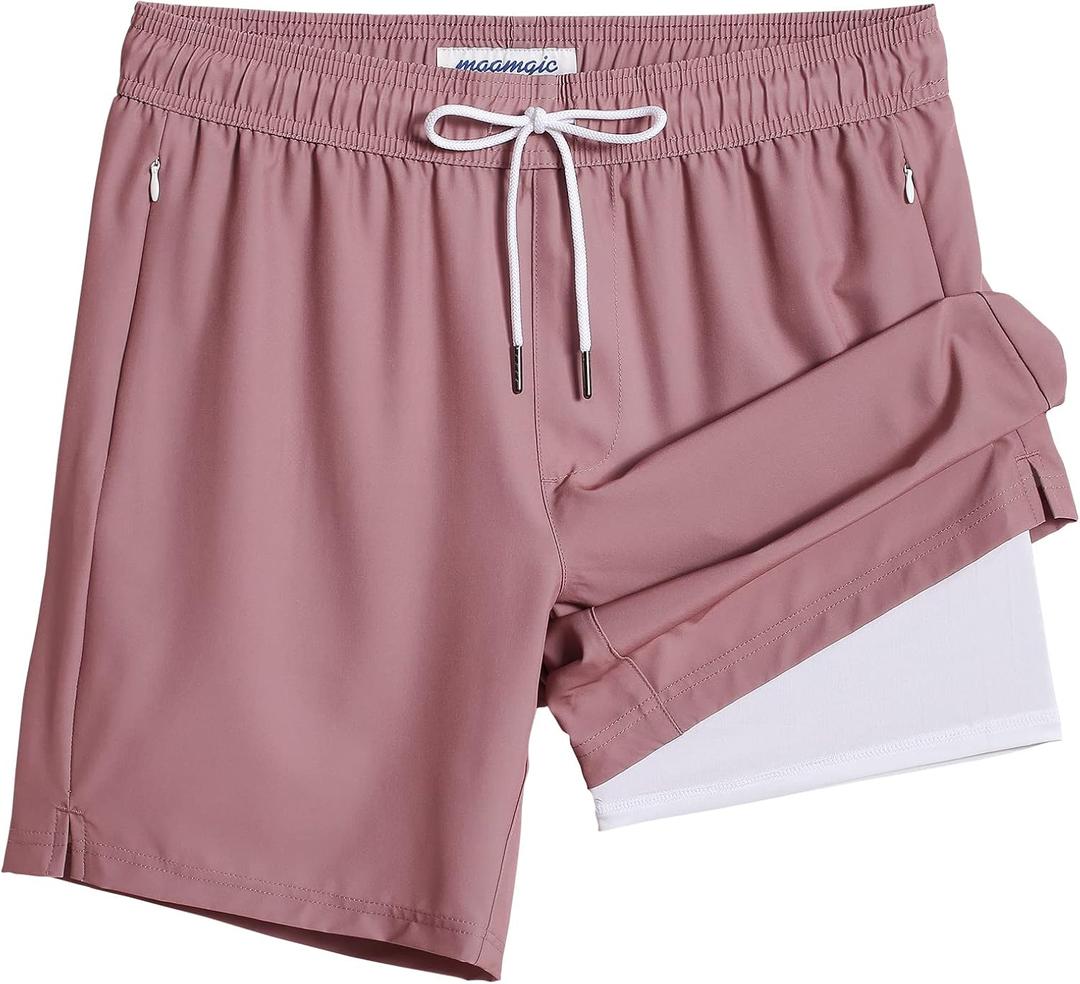 maamgic 2 in 1 Mens Swim Trunks 7 Inch Swim Shorts Swim Suits Board Shorts (Small, White-dust Pink)