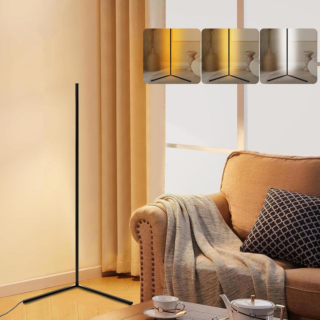 Corner Lamp 55”Black Floor Lamp Aesthetic Aluminum Alloy Easy Install Adjustable 3000K/4500K/6500K Led Corner Floor Lamp for Cozy Ambiance Perfect for Living Room Bedroom Gaming Room