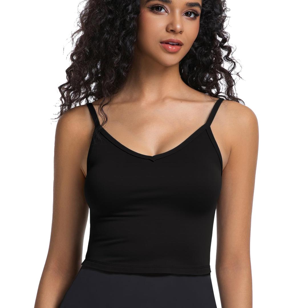 Yuiseaik Women's V Neck Crop Tank Top Sleeveless Double Lined Slim Fit Summer Casual Basic Crop Tops Going Out (US, Alpha, XX-Small, Regular, Regular, Black) (Black)