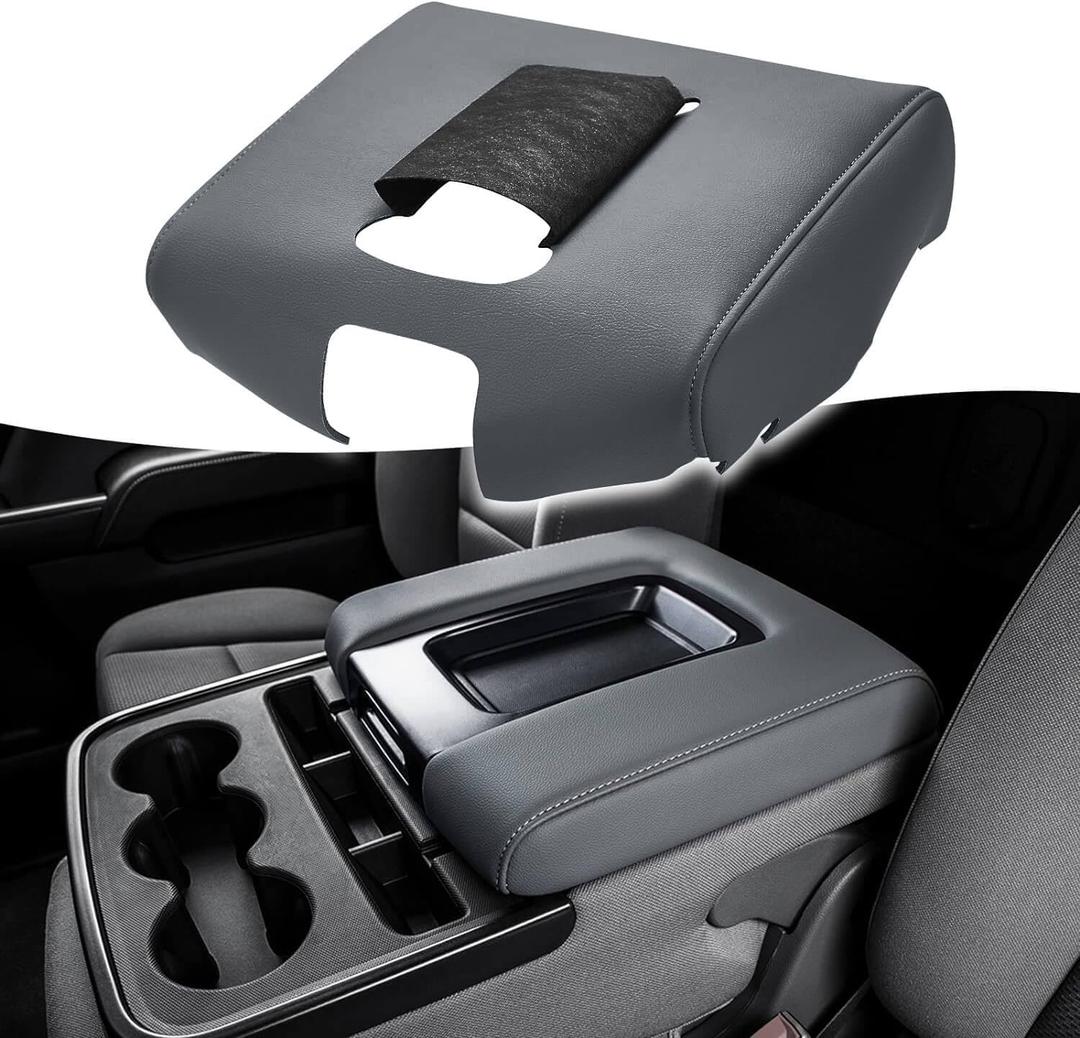 KBH Auto Center Console Armrest Cover Replacement for Chevy Chevrolet Silverado & GMC Sierra 1500 2500 3500 2014-2018, Vinyl Leather, Anti-Scratch, Split Bench Jump Seat (Dark Ash Gray) (Jump Seat Console, Silverado Sierra 2014-2018, Dark Gray)