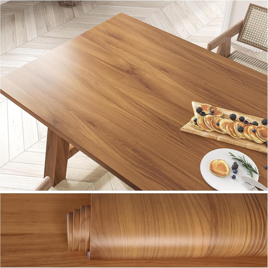VEELIKE Natural Brown Teak Wood Wallpaper Peel and Stick Wood Contact Paper for Countertops 32''x354'' Counter Top Peel and Stick Waterproof Self Adhesive Woods Vinyl Wrap for Kitchen Cabinets Table