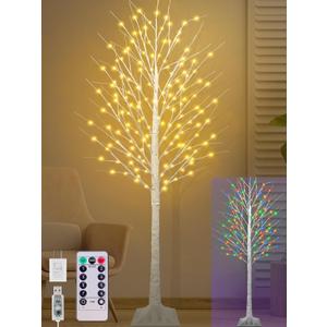 7FT Lighted Birch Tree with 170 LED Warm White and Multicolor Lights, 8 Modes, Timer Remote Faux Prelit Twig Christmas Tree with Lights for Indoor Outdoor Xmas Holiday Party Decoration