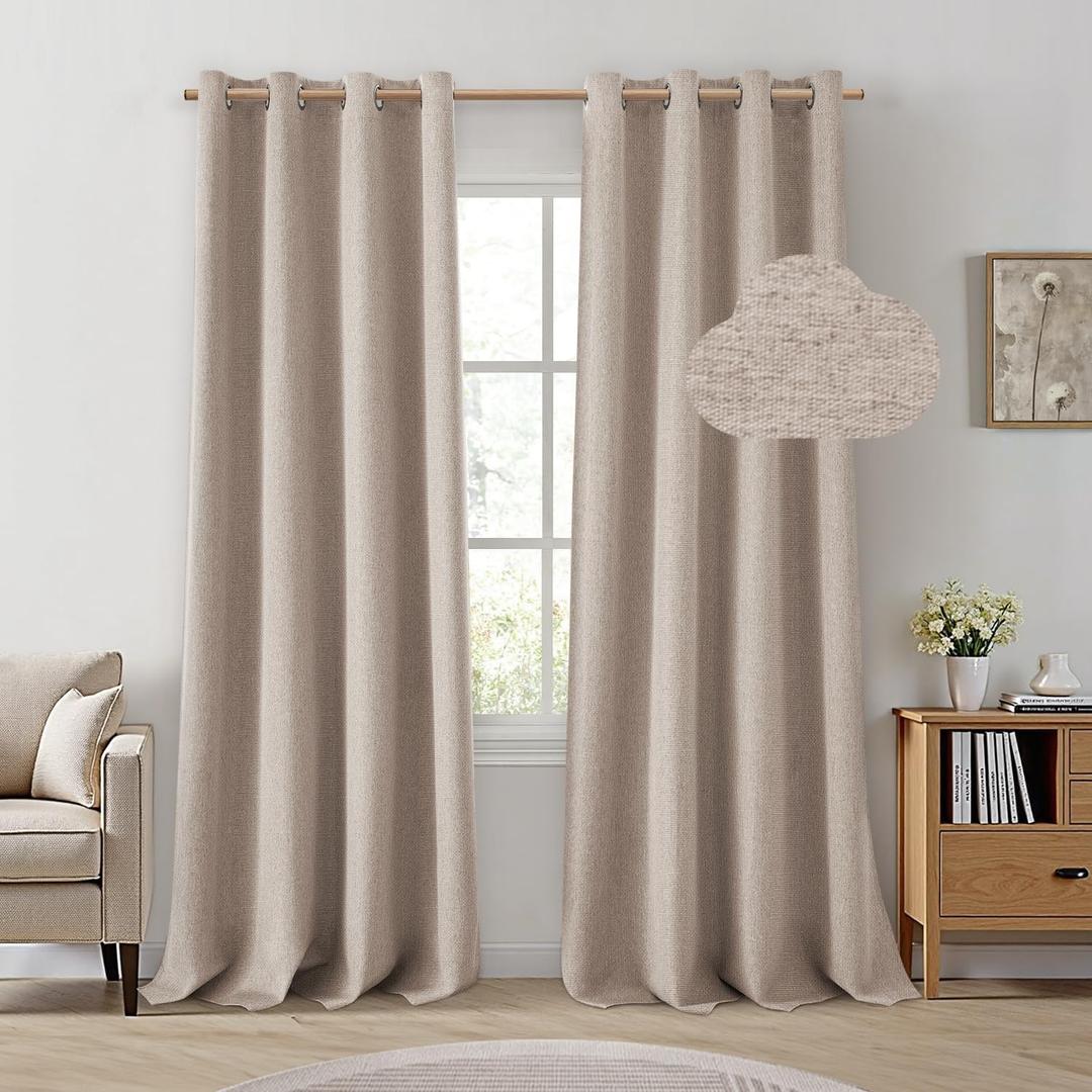 HOMEIDEAS Beige 100% Blackout Curtains 96 Inches LongLinen Blend Textured Darkening Windows Thermal Insulated Drapes for Living Room, Bedroom, Nursery, 2 Panels, 52 X 96 Inches, Boho Farmhouse Style