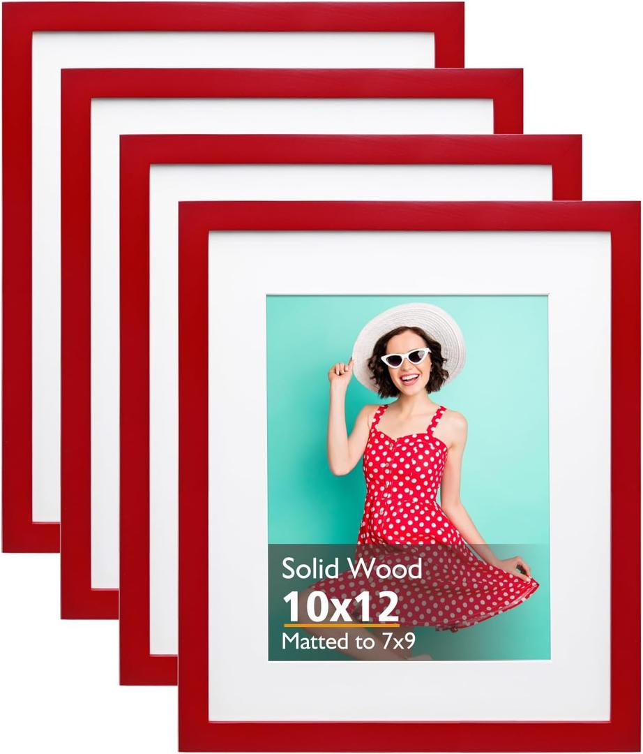KINLINK 10x12 Picture Frame Red, Solid Wood Frames with Acrylic Plexiglass for 7x9 with Mat or 10x12 without Mat, Tabletop and Wall Mounting Display, 4 Pack