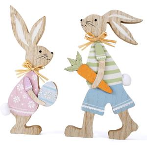 2pcs WellSign Easter Decorations for Home, 2 Pcs Bunny Table Wooden Sign Tiered Tray Decor, Farmhouse Rabbit with Egg and Pompom Ball for Tabletop tiered tray Shelf Mantel Spring Party Outdoor Indoor Decor (Blue and Pink)