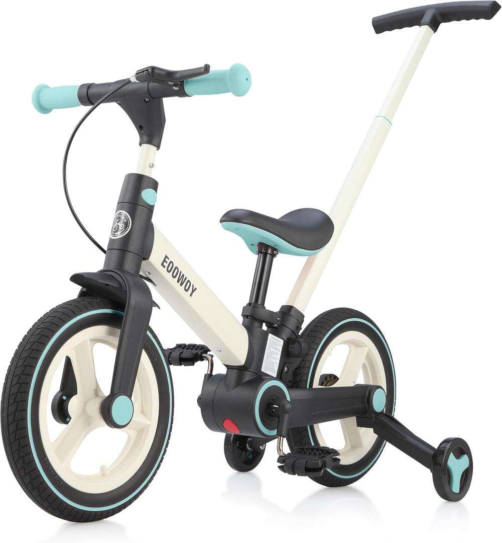 EOOWOY Balance Bike with Push Handle for Kids 18-60 Months, 6 in 1 Foldable Push Bike with Training Wheels & Pedals, Balance Bicycle for Boys and Girls with Brakes & Kickstand, Small