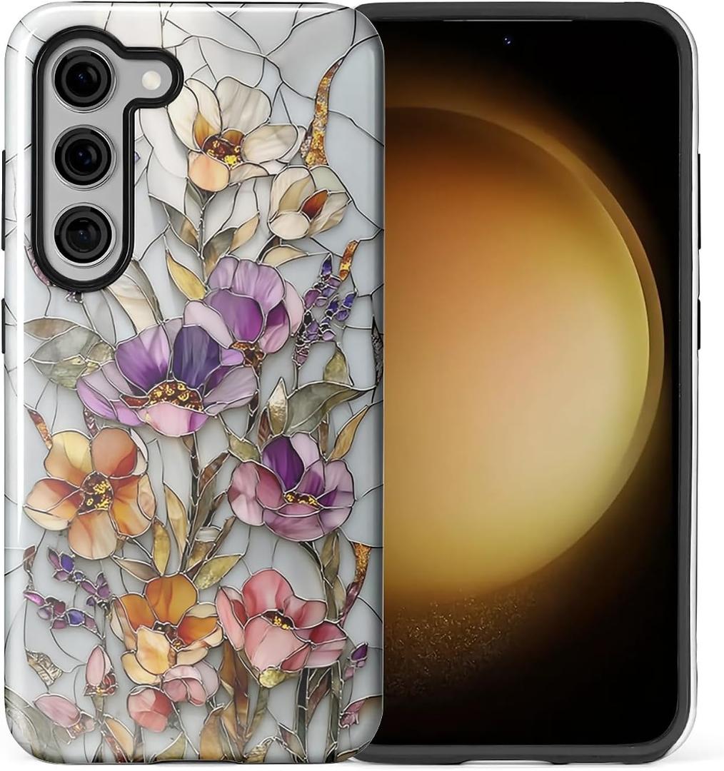 CARLOCA Case for Samsung Galaxy S23,Vintage Botanical Mosaic Flowers Design- Hybrid Dual Protection Soft TPU + Hard PC, Shockproof & Anti-Scratch Cover Men Women Stylish Protective Phone Case