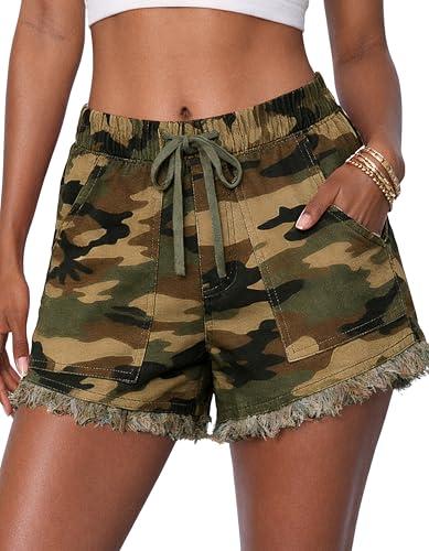 HVEPUO Camo Jean Shorts for Women High Waisted Summer Beach Drawstring Fringe Hem Y2k Pull On Lounge Denim Shorts with Pocket Green Brown M