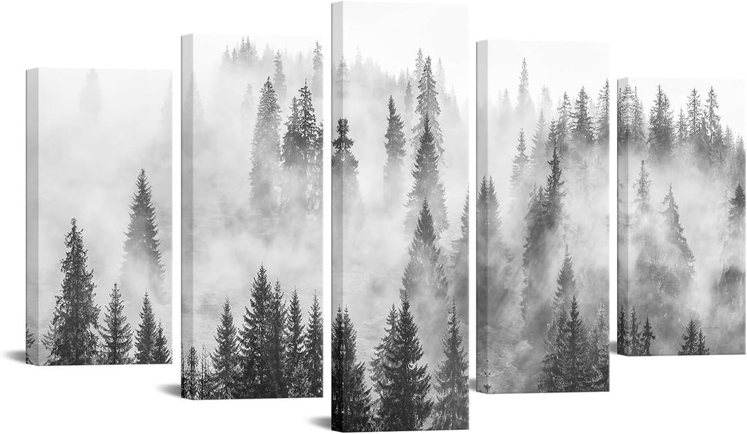 KREATIVE ARTS Black and White 5-Piece Foggy Forest Canvas Wall Art - Misty Mountain Pine Tree Landscape, Winter Nature Prints for Living Room, Bedroom, Office Decor (Large 60x32)