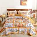 Thanksgiving Patchwork Quilt Set Turkey Pumpkin Sunflower Bedspread Set King Size-Autumn Harvest Themed Polyester Bedding Set 3 Pieces(104x90)