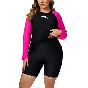 Halcurt Womens Two Piece Rash Guard Swim Set Long Sleeve Bathing Suits with Bra Built in Bra Black Pink, Size 2X Halcurt Womens Two Piece Rash Guard Swim Set Long Sleeve Bathing Suits with Bra Built in Bra Black Pink, Size 2X