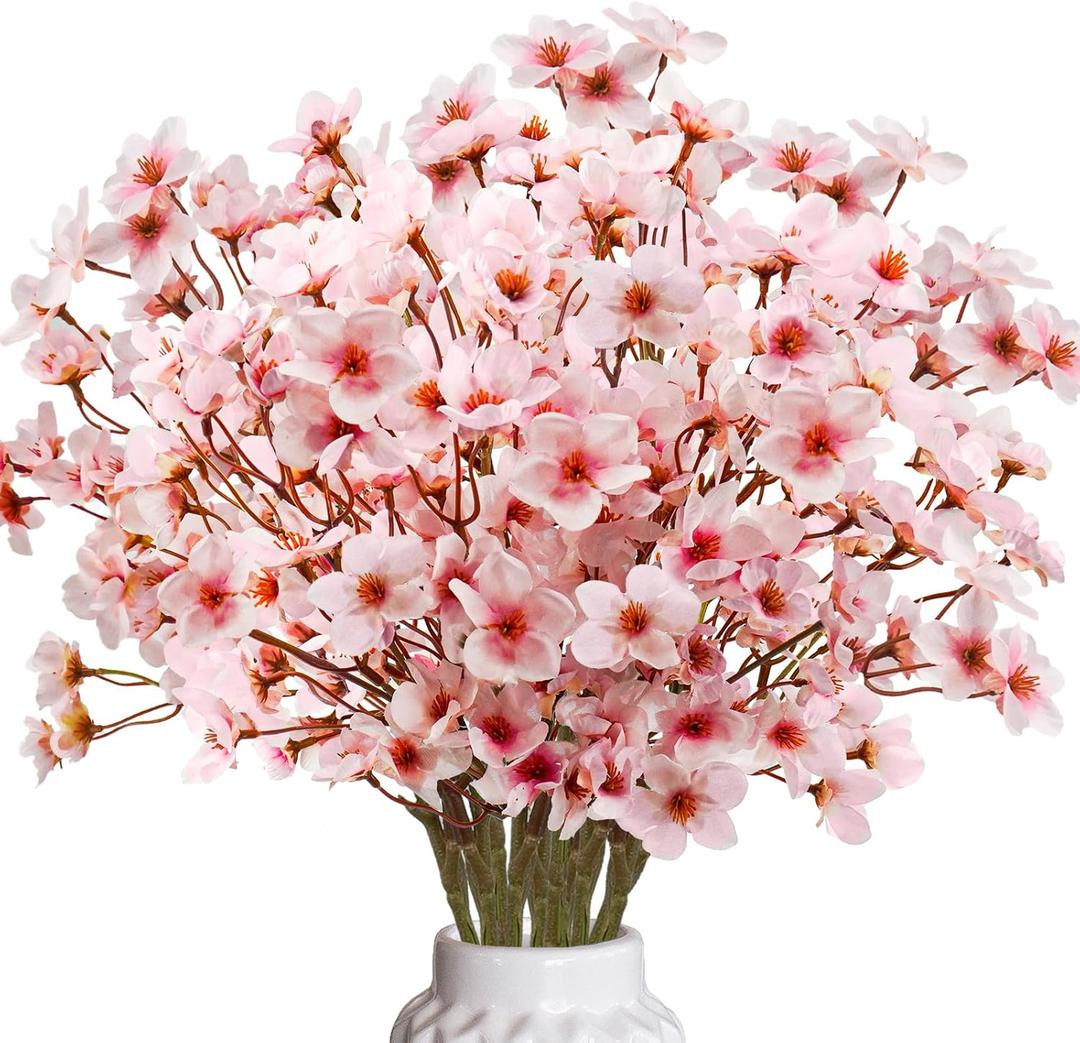24Pcs Artificial Cherry Blossom Flower, Faux Silk Peach Blossom Branches Fake Plum Blossom Flowers Stems Arrangements for DIY Home Wedding Table Centerpieces Vase Decor