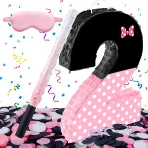 15.7 x 11.5 x 3 Inch Pink Bow Number 2 Pinata,Pink Bow Birthday Decorations, Fillable Hanging Piata with Stick Blindfold Confetti for Girls Boys 2nd Anniversary Party Decorations