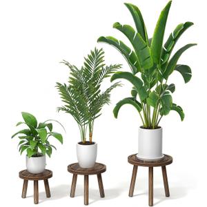 3-Pack Wood Plant Stands Indoor, Single Plant Stand for 6-12 Inch Pots, Mid-Century Modern Plant Stool, Tall Plant Stand for Large Plants Perfect Fit for Living Room, Balcony, Office (heavy burnt color)
