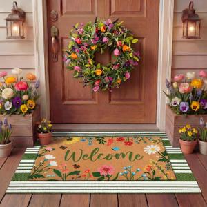 Tinideya 2 Pcs Spring Welcome Door Mat Floral Outdoor Layered Doormats for Front Door Non Slip Wildflower Coir Floor Mat Green White Stripe Rugs for Outside Front Porch Entryway Decor (23.6 x 35.4 Inches)
