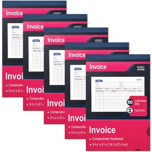 XKDOUS 5 Pack Invoice Receipt Book, 2-Part Carbonless, 5-9/16" x 8-7/16" Invoice Book for Small Business, 50 Sets per Book