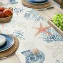 Bonhause Nautical Coastal Table Runner 13x90 Inch Ocean Themed Starfish Coral Conch Beach Kitchen Dinning Table Decoration for Indoor Outdoor Home Party Decor