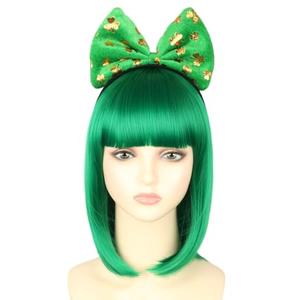 LeMarnia St. Patrick's Day Costume Wig Green Bob Wig with Shamrock Bow Headband for Women Irish Costume Wig