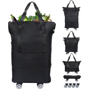 Reusable Grocery Bag on Wheels Shopping Bag with Wheels, Detachable Roller Tote Bag, Luggage Bag, used for Shopping, Camping, Traveling, Giving Gifts to Friends, Large Capacity, Black