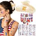 2 x 4th of July Accessories for Women, Red White and Blue Outfit Bundle with Patriotic Hair Claw Clip, America Bracelets & USA Tattoos for 250th Anniversary Party Favors, Memorial Day Decor NY
