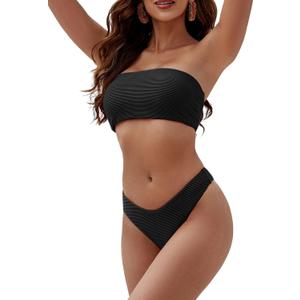 ZAFUL Women Strapless Textured Bandeau Bikini 2 Piece Swimwear Cheeky Solid Lace up Bathing Suits (Black, M)