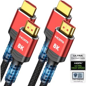 Highwings 8K 10K HDMI 2.1 Cable 6.6FT/2M 2-Pack, Certified Ultra High Speed HDMI Cable Braided Cord-4K@120Hz 8K@60Hz, DTS:X, HDCP 2.2 & 2.3, HDR 10 Compatible with Roku TV/HDTV/Blu-ray (Red)