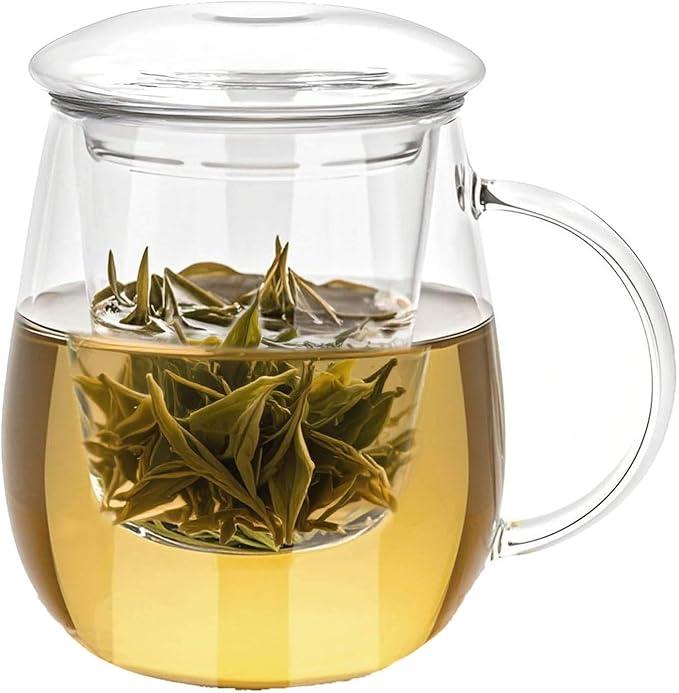 Arefen Glass Tea Cup With Infuser and Lid - 17OZ Large Borosilicate Mug With Strainer for Loose Leaf, Blooming Tea, Tea Bag - Clear Cute Mushroom Design