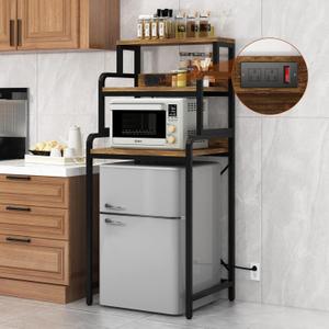 4- Tier Mini Fridge Stand Shelf with Power Outlet, Double-Purpose Rack, Mini Fridge & Microwave Oven Stand Table, Bar Cabinet, Free Standing Shelf for Office, Kitchen, Home.