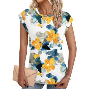 NORACORA Womens Summer Tops Short Sleeve Floral Shirts Dressy Casual Cap Sleeve Crew Neck Cute Tunic Blouses Fashion Clothes, Size M