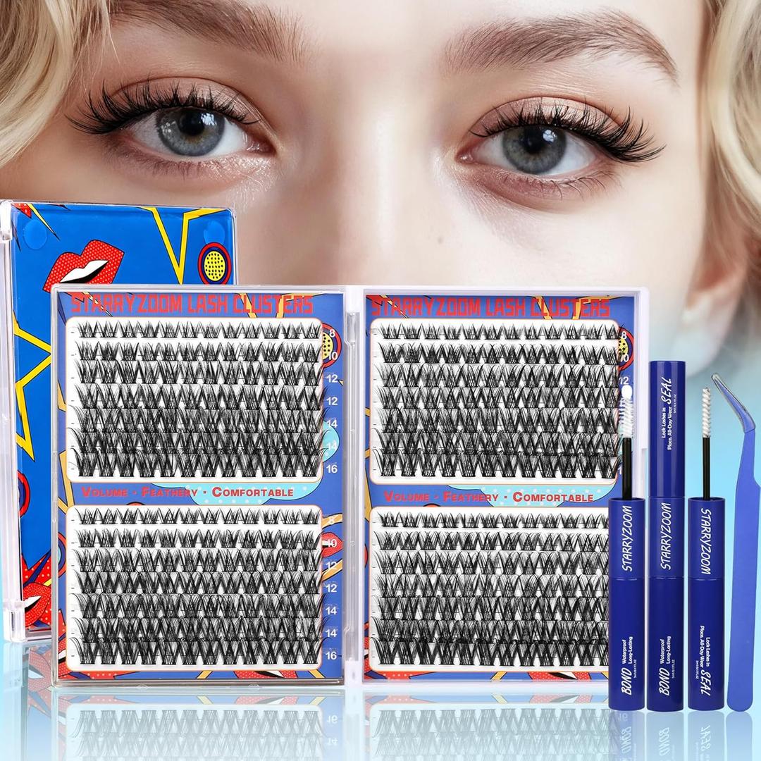 2 x Natural Lash Clusters Kit Volume Wispy DIY Cluster Eyelash Extensions Fake Eye Lashes Individuals D-Curly 336Pcs 8-16MM Mixed with Bond Seal Tweezers