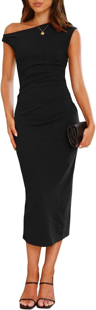 IHOT Women's Sleeveless One Shoulder Bodycon Ruched Slit Wedding Guest Cocktail Midi Dress (Medium, Black)