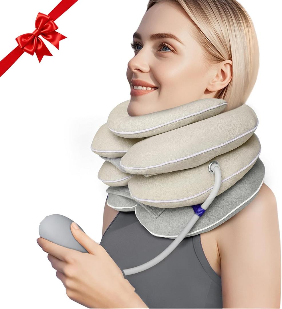 Neck Stretcher with Brace - Inflatable Cervical Traction Device for Neck Pain Relief, Adjustable Neck Support Pillow and Decompression Tool with 3+1 Chin Rest, Portable for Home, Office & Travel Use
