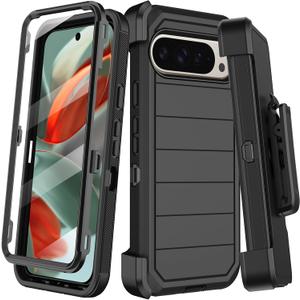 for Google Pixel 9 Pro XL Case with Built-in Screen Protector,Belt Clip Holster,Heavy Duty Shockproof Drop Protection Military Grade Rugged Full Body Phone Cover with Kickstand (Black)