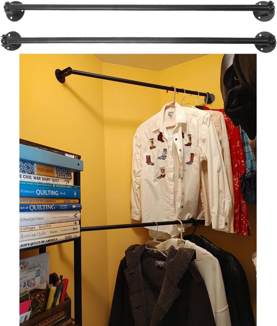 MYOYAY Corner Garment Rod 34 inches 2 Pack Industrial Pipe Clothes Hanging Bar For Corner Angle Adjustable Wall Mounted Clothes Rack Black Space Saving Metal Dryer Rails