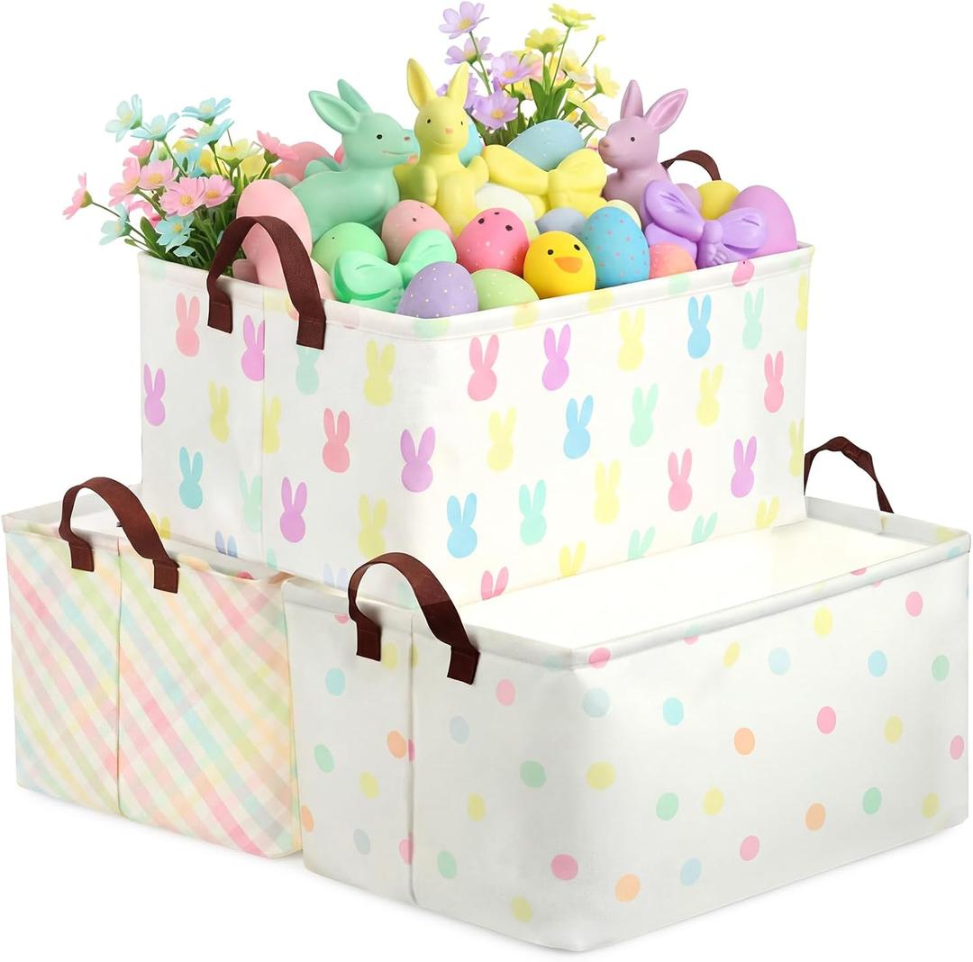 3 Pack Easter Storage Baskets Waterproof Canvas with Leather Handles Bunny Basket Box Collapsible Storage Bins Box for Closet Toys Clothes Room Decor Gift Basket