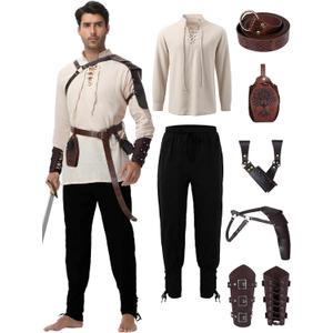 Renaissance Medieval Costume for Men - 8 Pcs Pirate Outfit Set, Halloween Costume with Viking Belt (Medium, White-black)