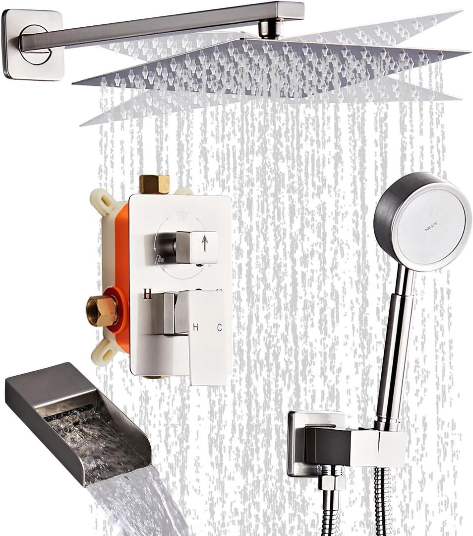 Brushed Nickel Shower Tub Faucet Set, Wall Mounted 10 Inch Shower Heads with Handheld Spray Combo and Tub Shower Faucet, Luxury Bathroom Square Rain Shower System - 4 Hooks