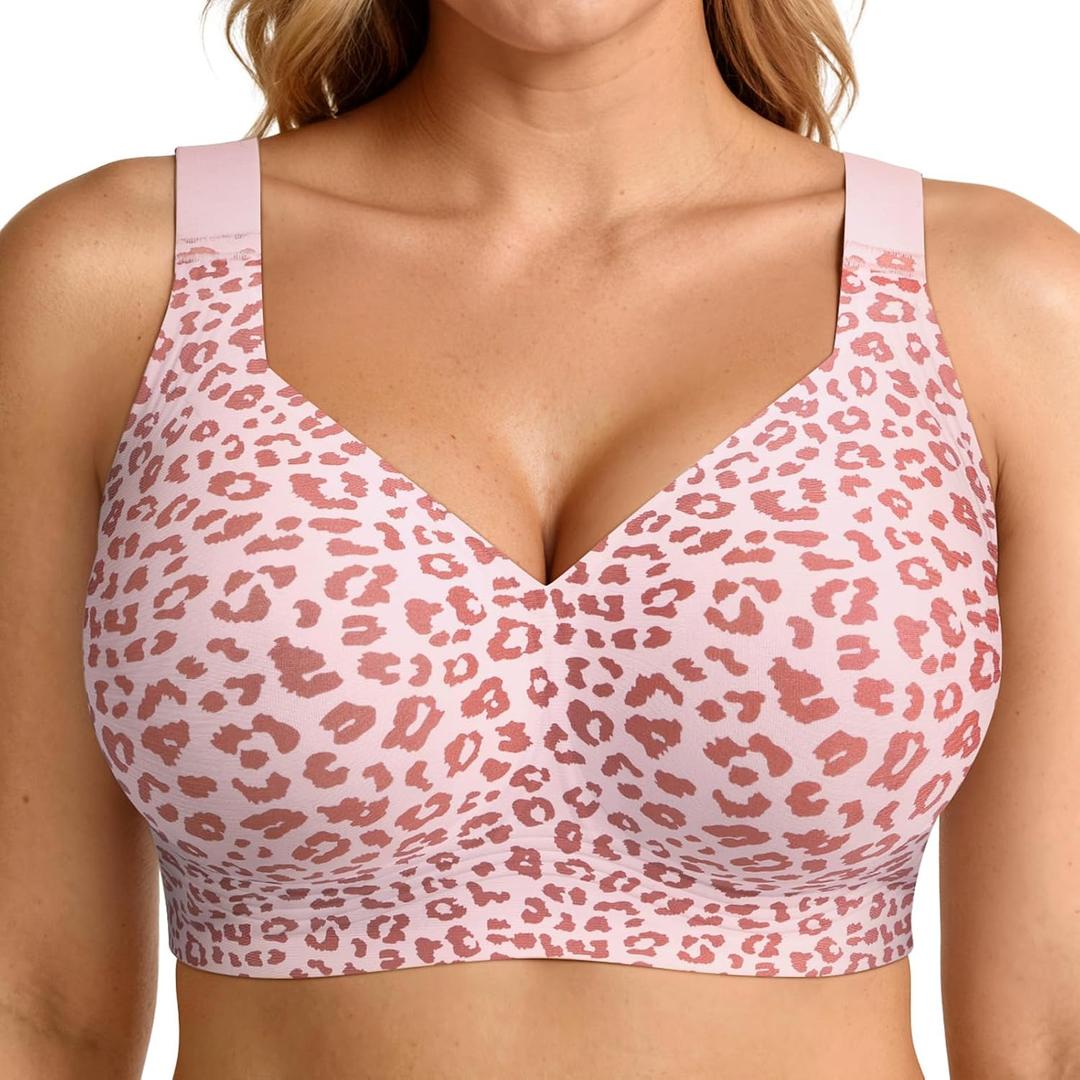 LetsJoli Jelly Bras for Women Push Up Bra Wireless No Underwire Supportive Full Coverage Plus Size for Older Women(Leopard Pink, L)