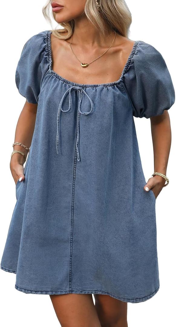 Women's Summer Denim Dress Puff Short Sleeve Square Neck Loose Jean Mini Dresses with Pockets (Medium, Blue)