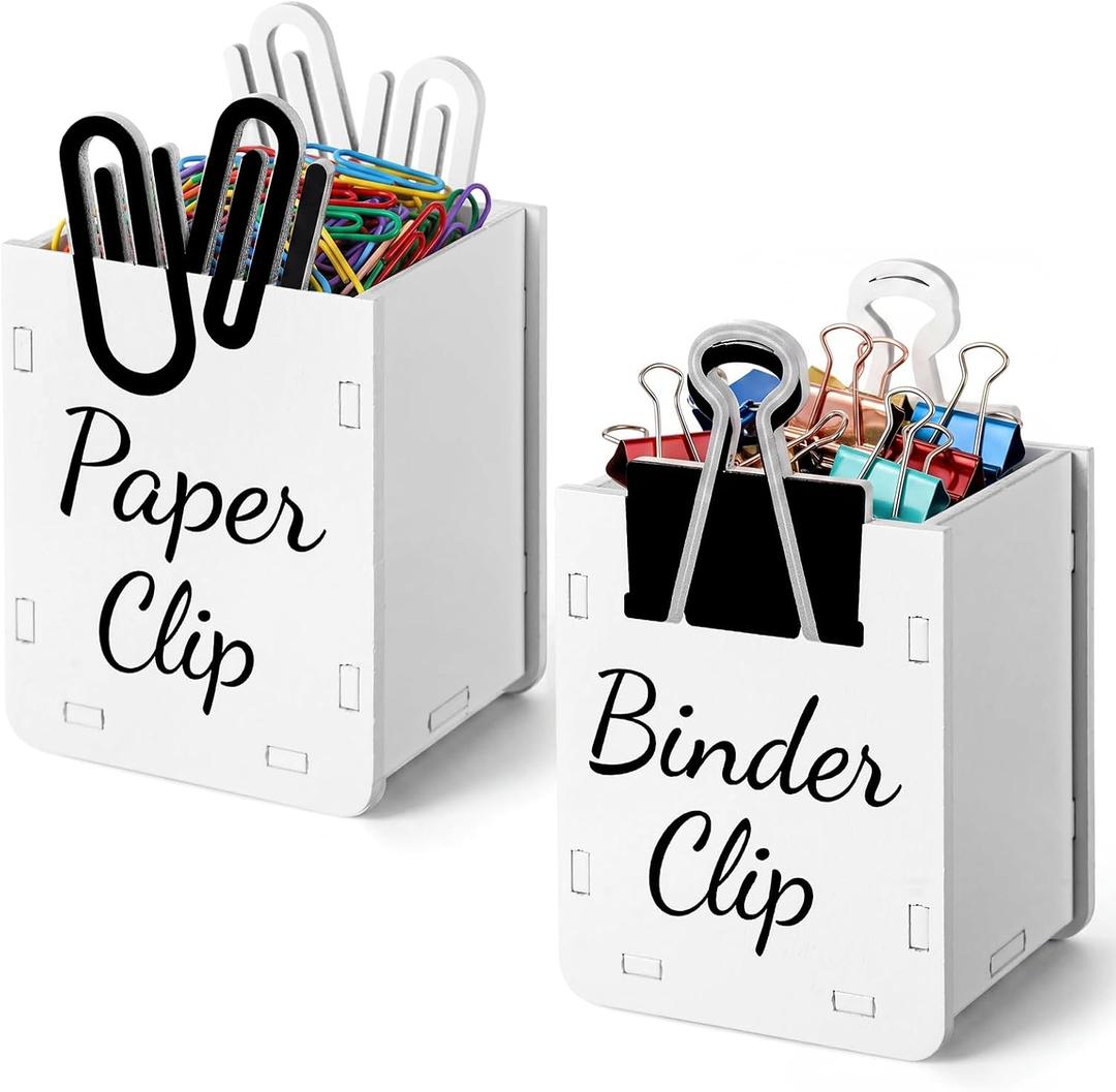 2 x Sherr 2 Pcs Paper Clip Holder and Binder Clip Holder Set Wooden Clips Dispenser and Binder Dispenser Organizer for Desk, Cute Office Push Pins Holders Office Supplies