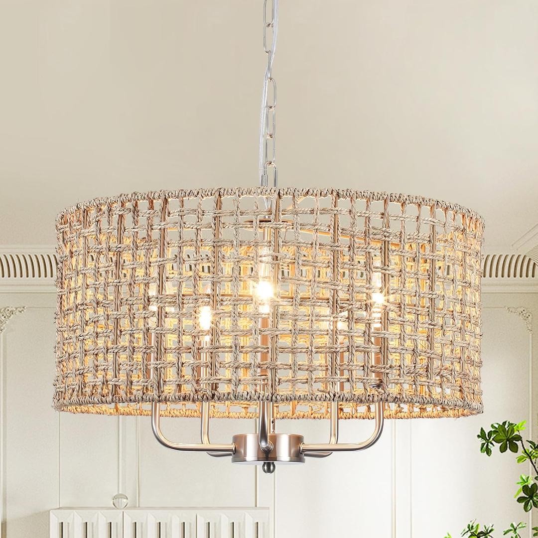 18.9'' Hand Woven Rattan Chandelier, 5-Light Brushed Nickel Chandelier Rattan Pendant Light Fixture, Boho Wicker Farmhouse Chandeliers for Dining Room Bedroom Living Room Foyer