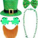 Haysandy 5 Pcs St. Patrick's Day Leprechaun Costume Suit Set Hat Fake Beard Bow Tie Clover Glasses Shamrock Necklace