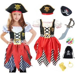 Lingway Toys Girls Deluxe Pirate Costume,Buccaneer Princess Dress for Kids (XS 3-4)