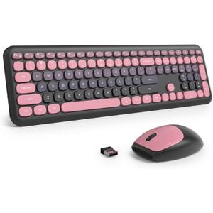 Surmen Black Pink Keyboard and Mouse Wireless Quiet, Full-Size Girly Slient Keyboard Retro Typewriter Low-Noise 2.4GHz for Computer, Desktop, Laptop (110-Heimei Pink)